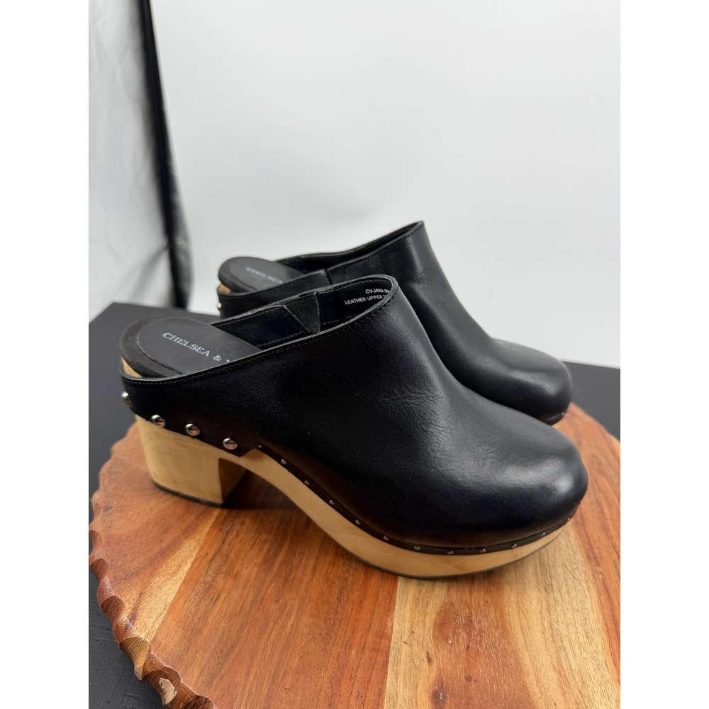 Chelsea & Violet Jana Clogs Women 8M Black Leather Studded Wooden Platform Mule
